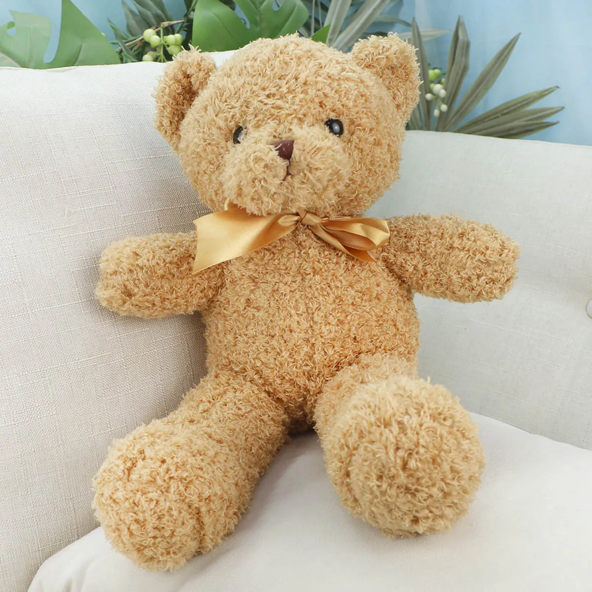 Мишка Кучерявый с золотым бантом, 35 см (Бежевый) от plush.team