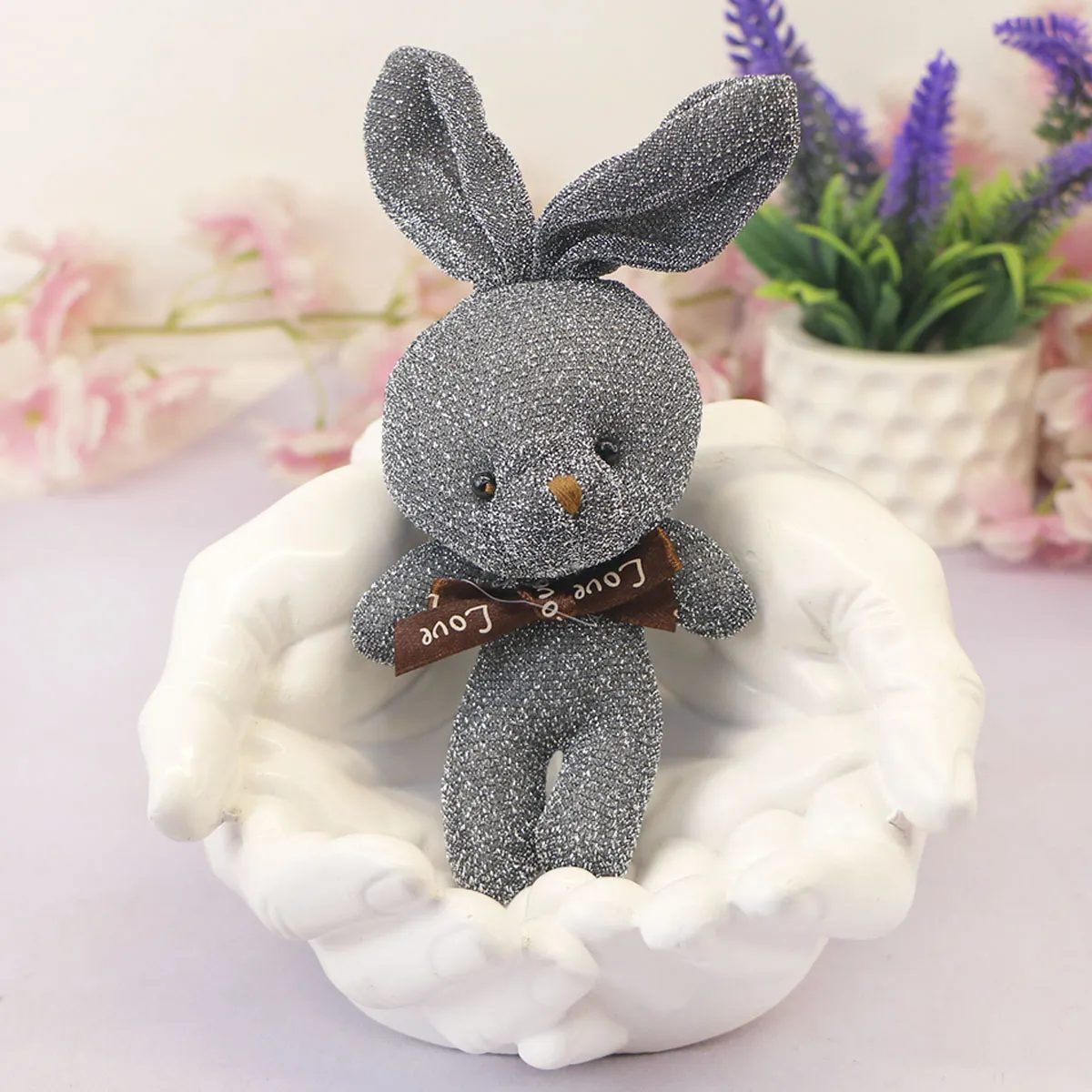 Мягкая игрушка с кольцом, Заяц блестящий с бантом, 15 см., 3+ от plush.team
