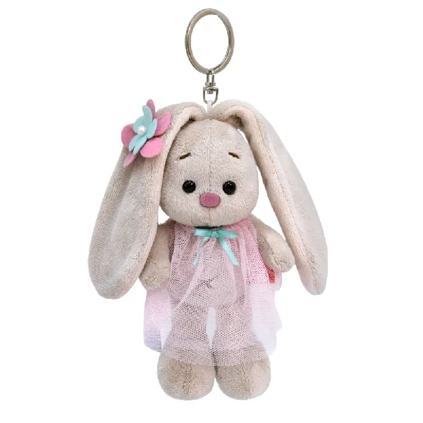 фото игрушки Зайка Ми в розовом платье и с цветочком, игрушка с кольцом, 11 см
